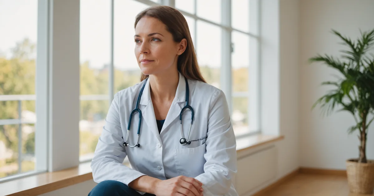 Nurse taking a break outdoors, appearing relaxed