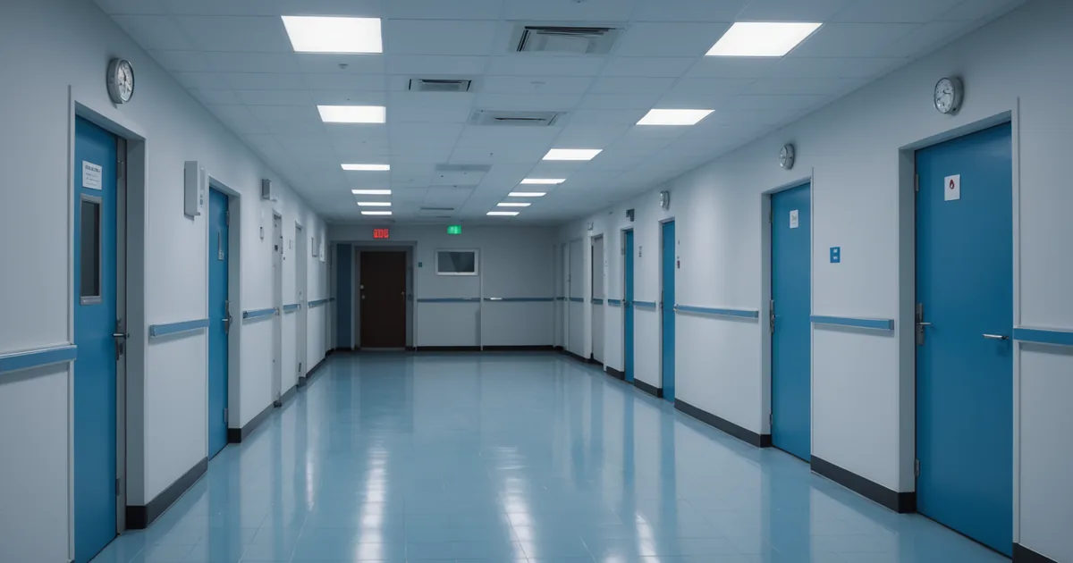 Hospital ward at night with nursing station illuminated