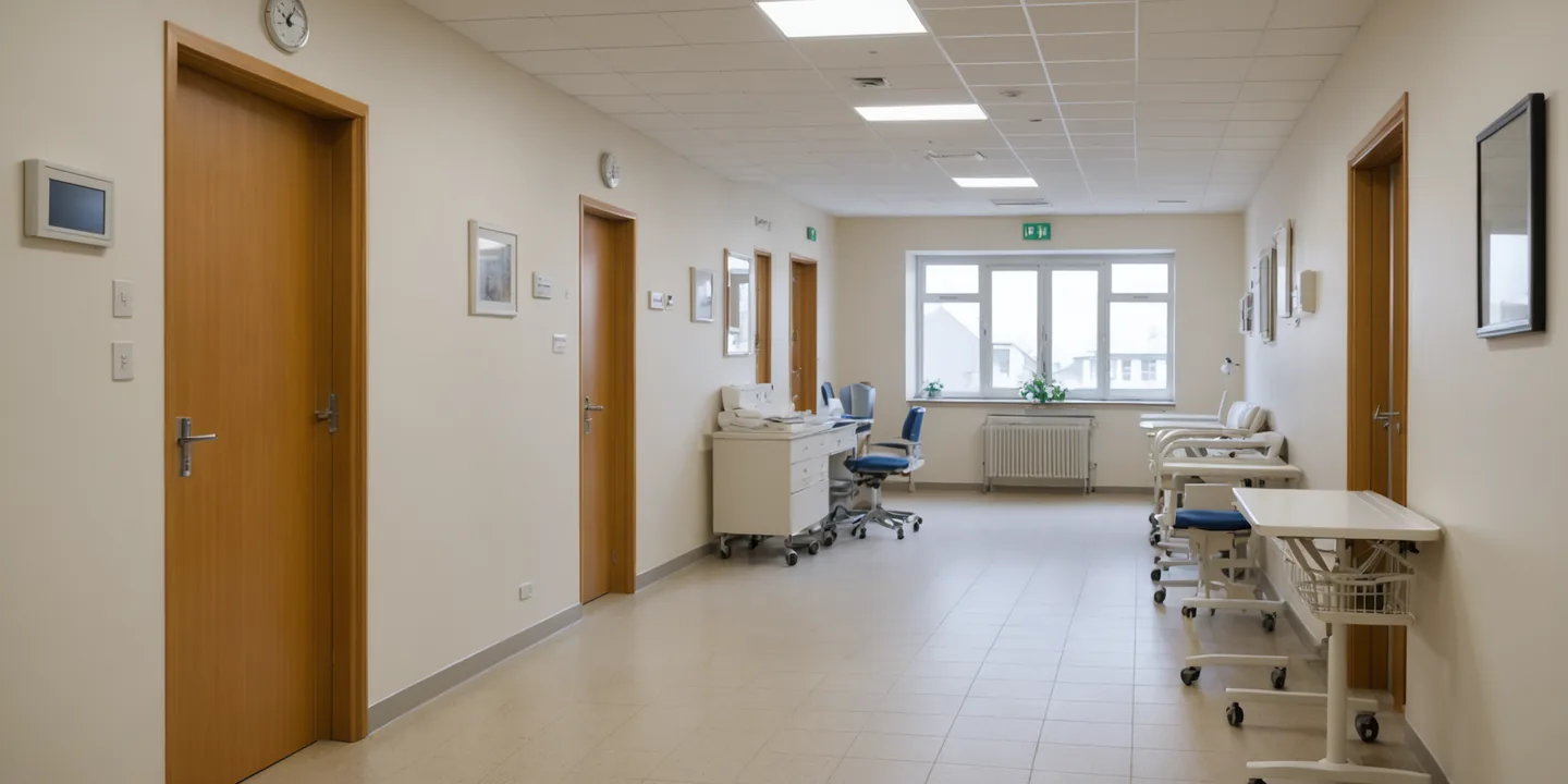 Swiss hospital ward corridor with nurses station and scheduling board