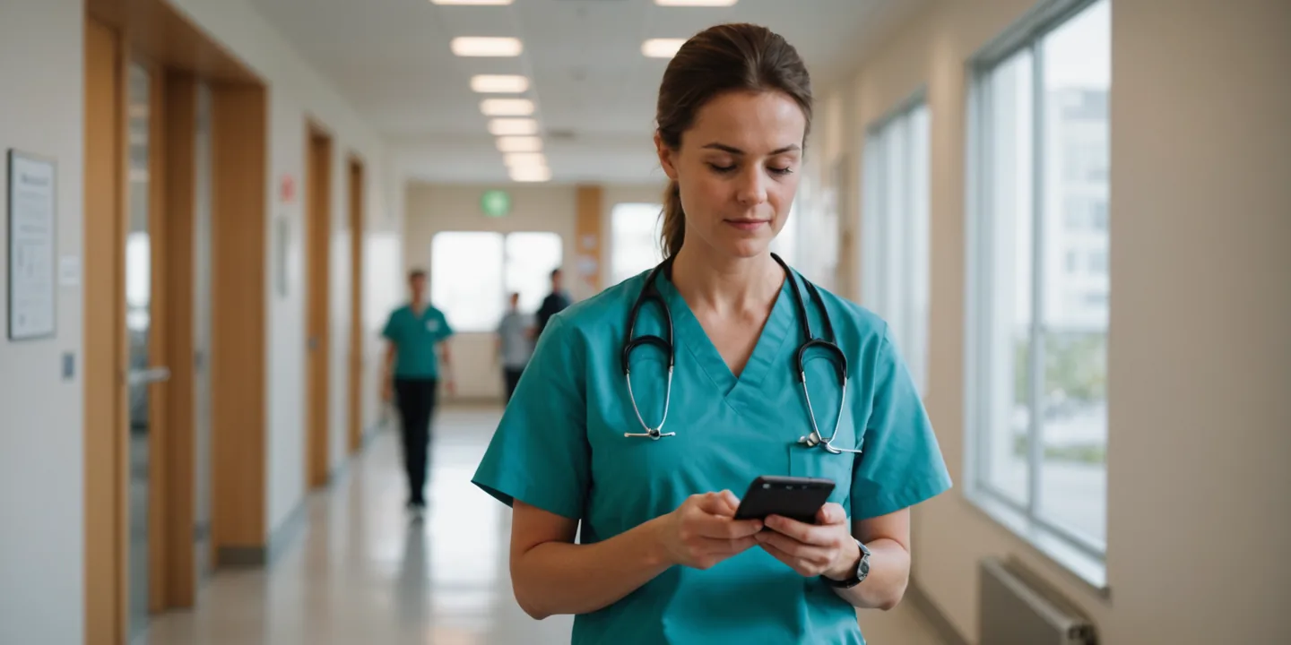 Swiss nurse in scrubs reviewing schedule on mobile device in clinic corridor